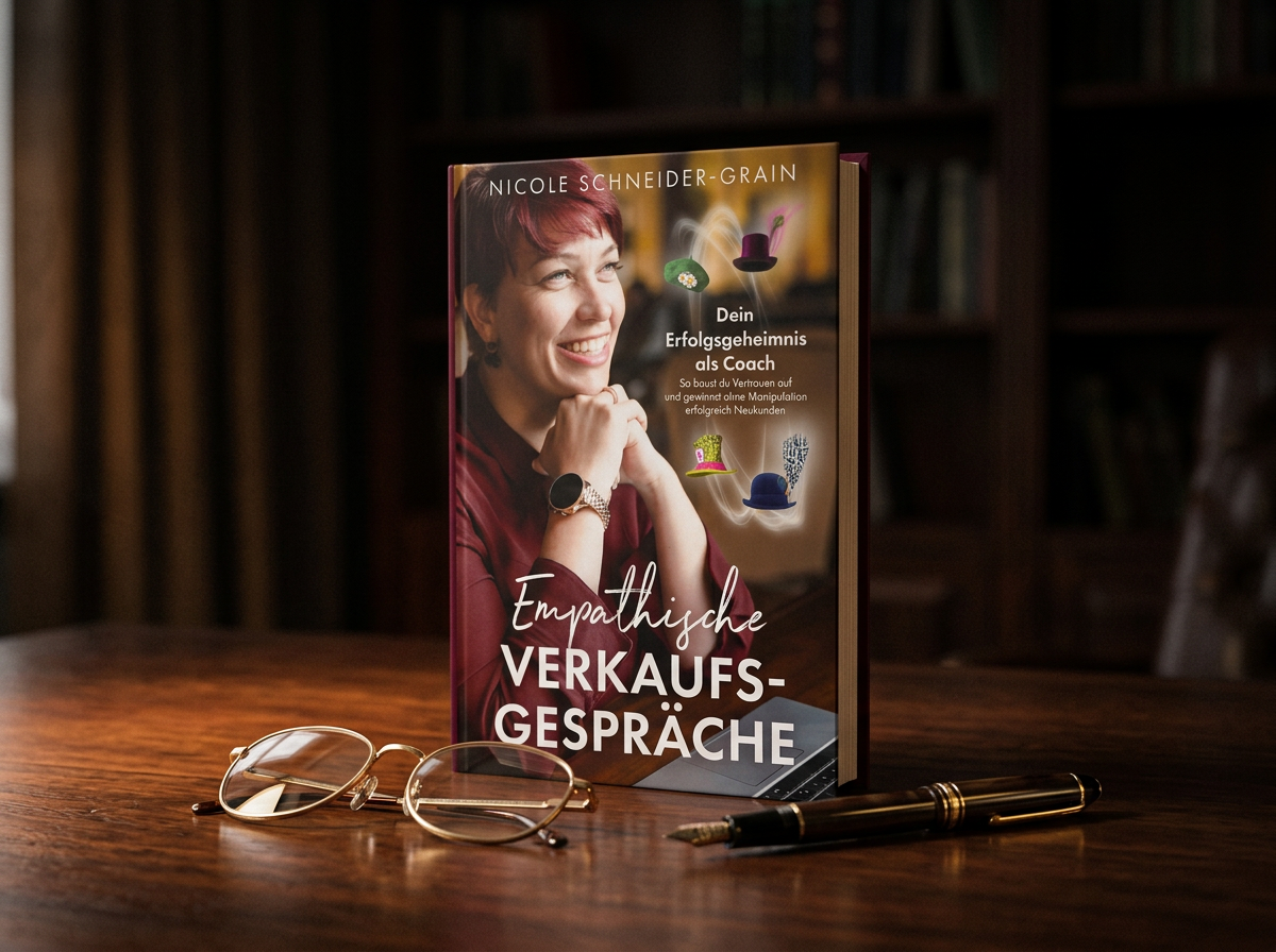 Mein Buch „Empathische Verkaufsgespräche“ auf einem dunklen Schreibtisch.
