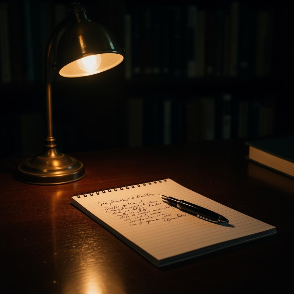 Schreibtischlampe beleuchtet einen Notizblock mit handschriftlichen Notizen.