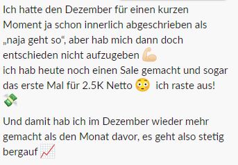 Nachricht: Erster Sale für 2,5K Netto, mehr Umsatz im Dezember
