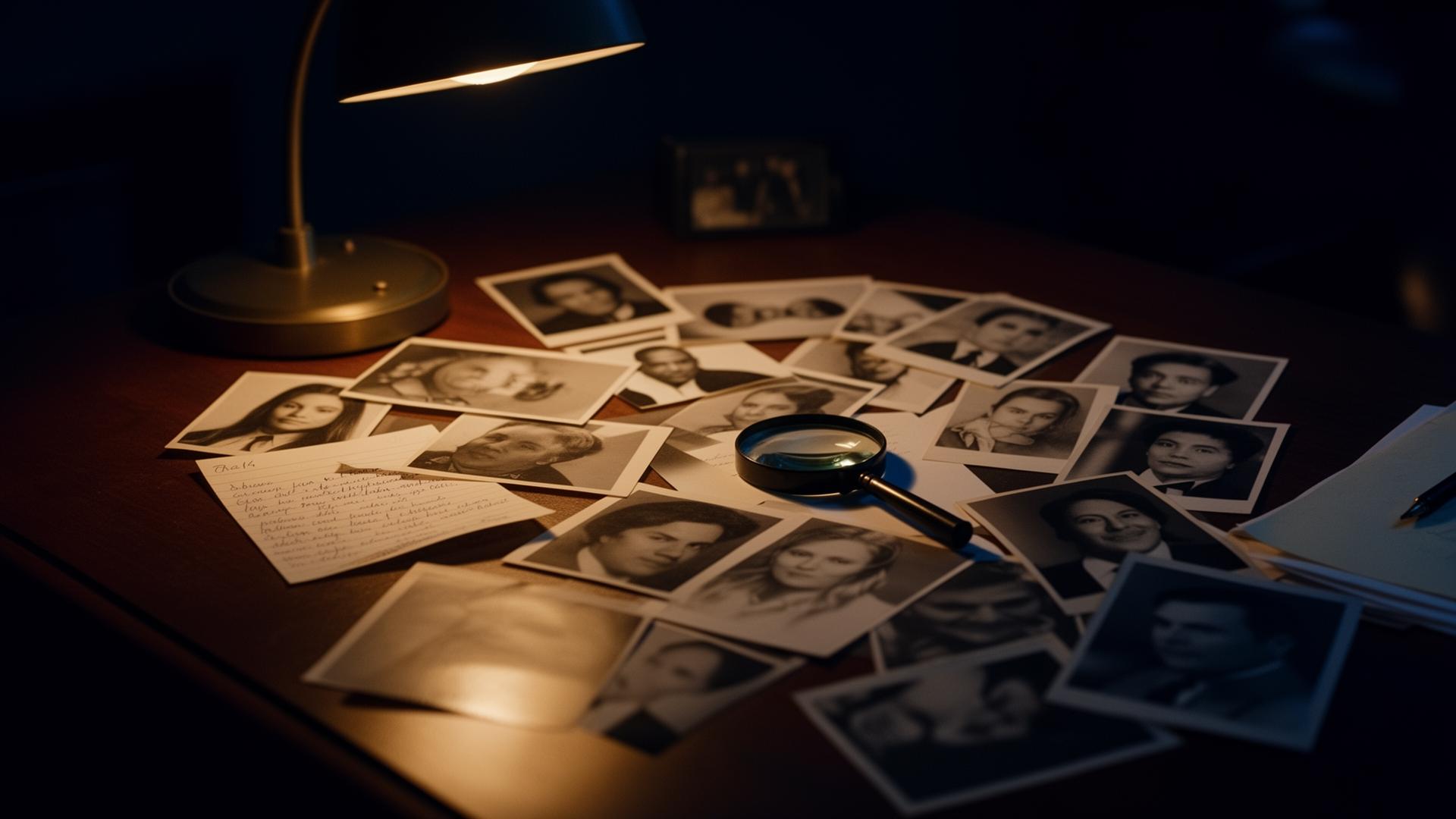 Detektiv-Schreibtisch mit vielen Porträtfotos und einer Lupe im Lampenlicht